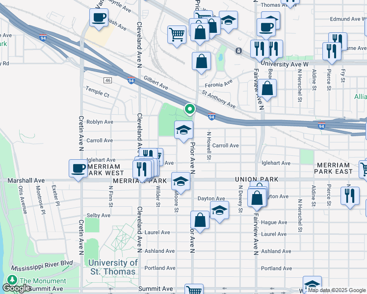 map of restaurants, bars, coffee shops, grocery stores, and more near 318 North Moore Street in Saint Paul