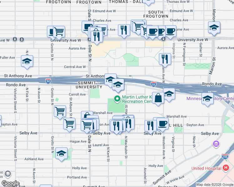 map of restaurants, bars, coffee shops, grocery stores, and more near 568 Concordia Avenue in Saint Paul