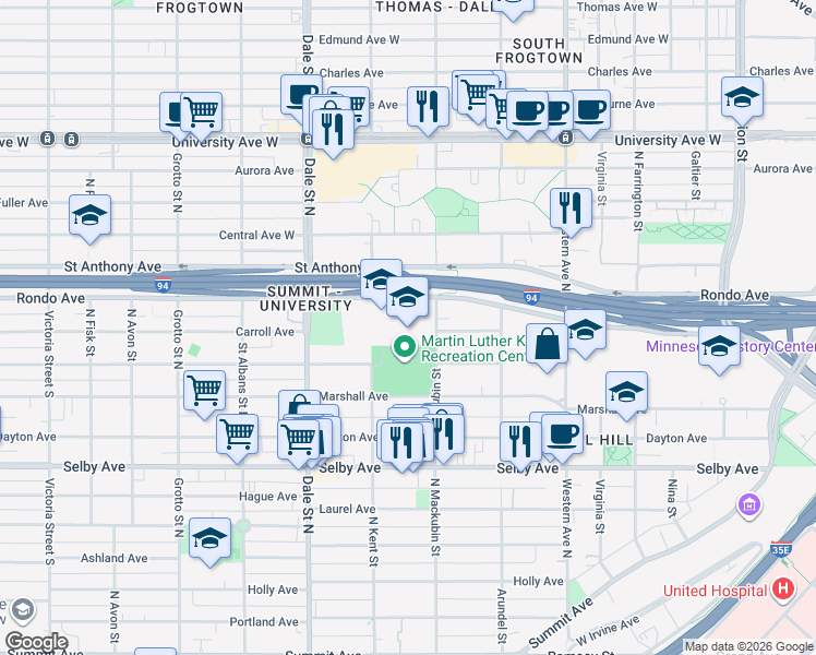 map of restaurants, bars, coffee shops, grocery stores, and more near 560 Concordia Avenue in Saint Paul