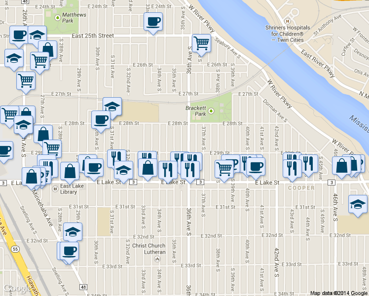 map of restaurants, bars, coffee shops, grocery stores, and more near 2848 36th Ave S in Minneapolis