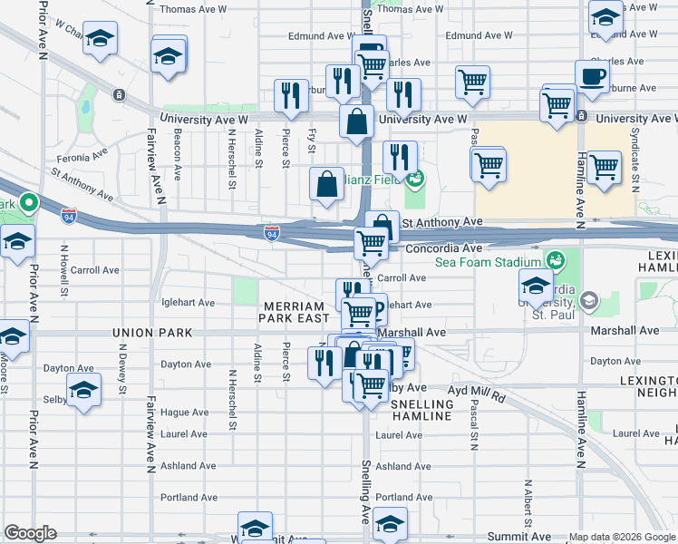 map of restaurants, bars, coffee shops, grocery stores, and more near 1601 Carroll Avenue in Saint Paul