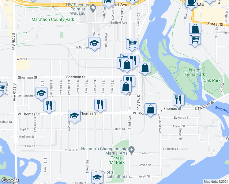 map of restaurants, bars, coffee shops, grocery stores, and more near 933 South 5th Avenue in Wausau