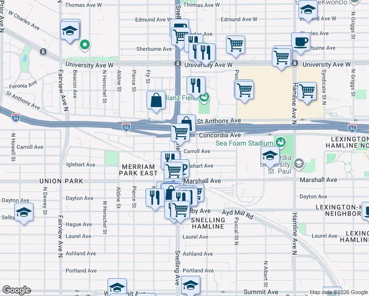 map of restaurants, bars, coffee shops, grocery stores, and more near 304 Snelling Avenue North in Saint Paul