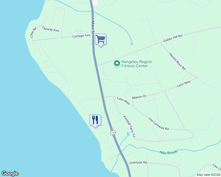 map of restaurants, bars, coffee shops, grocery stores, and more near 44 Lynn Way in Rangeley
