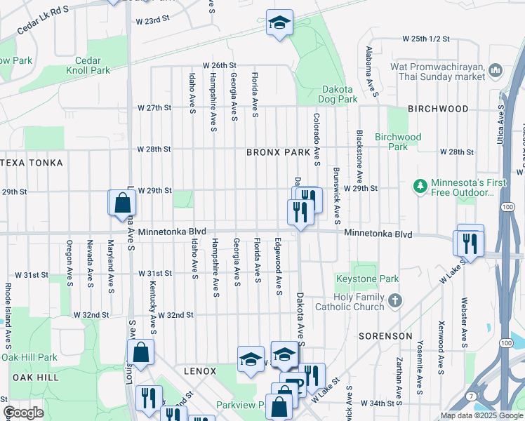 map of restaurants, bars, coffee shops, grocery stores, and more near 2929 Florida Avenue South in Minneapolis