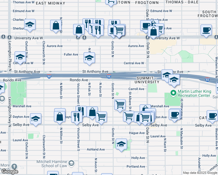 map of restaurants, bars, coffee shops, grocery stores, and more near 751 Carroll Avenue in Saint Paul