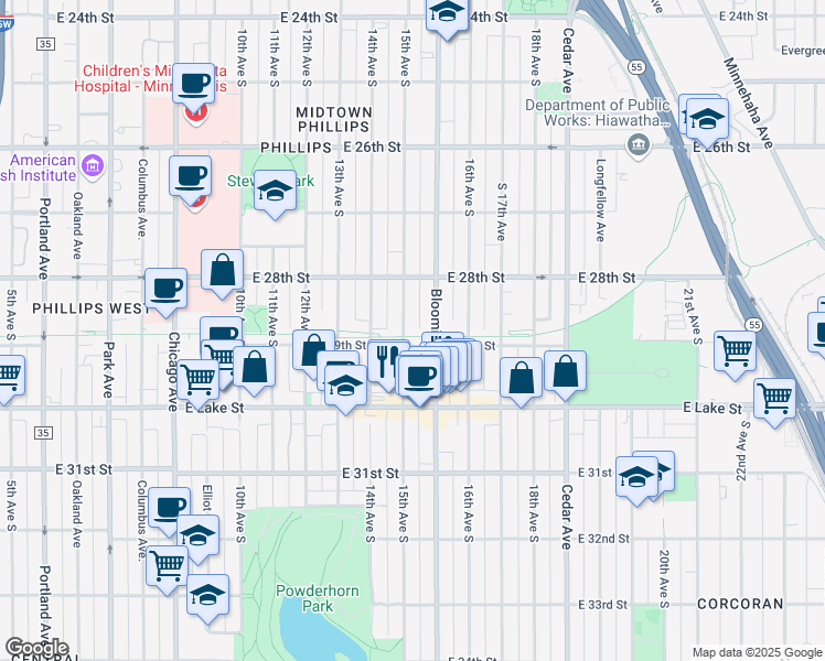 map of restaurants, bars, coffee shops, grocery stores, and more near 2833 Bloomington Avenue in Minneapolis