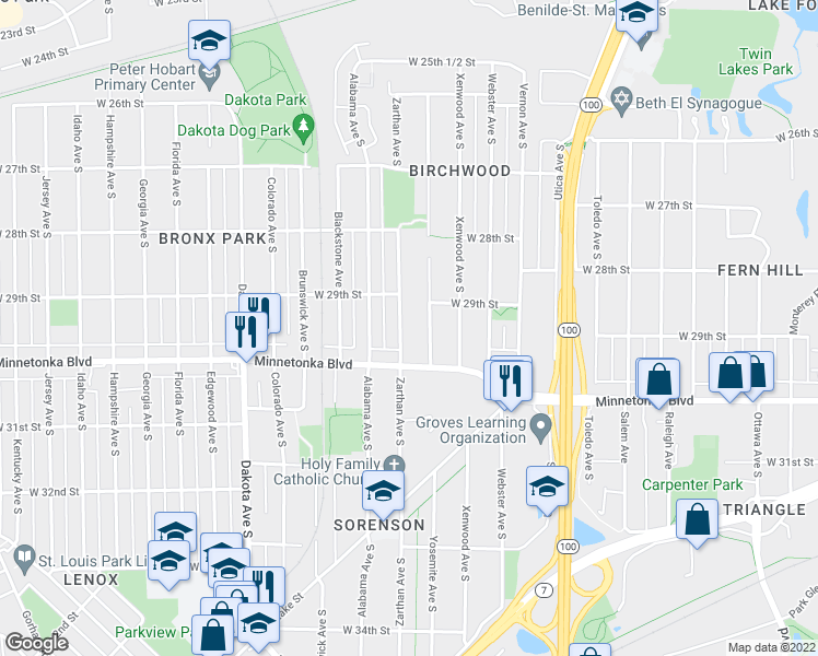 map of restaurants, bars, coffee shops, grocery stores, and more near 2925 Zarthan Avenue South in Minneapolis