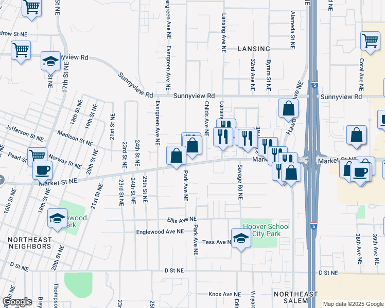 map of restaurants, bars, coffee shops, grocery stores, and more near 1728-1764 Park Avenue Northeast in Salem