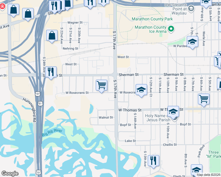 map of restaurants, bars, coffee shops, grocery stores, and more near 925 S 18th Ave in Wausau