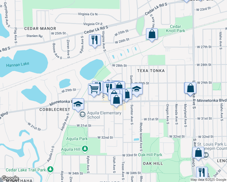 map of restaurants, bars, coffee shops, grocery stores, and more near 2937 Texa Tonka Avenue in Minneapolis