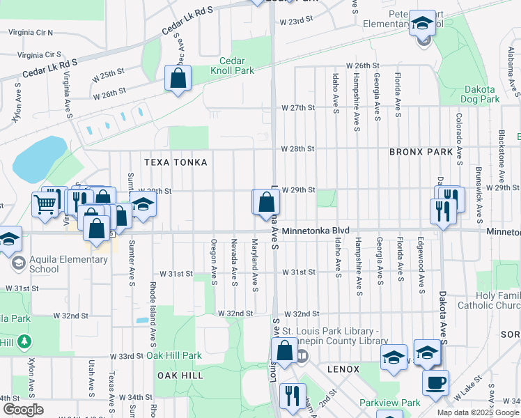 map of restaurants, bars, coffee shops, grocery stores, and more near 2917 Maryland Avenue South in St. Louis Park