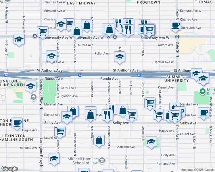 map of restaurants, bars, coffee shops, grocery stores, and more near 86 Carroll Avenue in Saint Paul