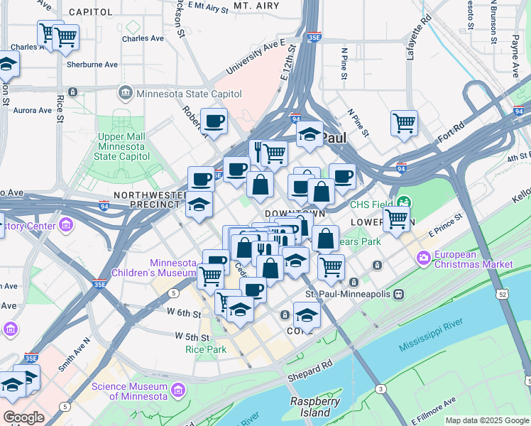 map of restaurants, bars, coffee shops, grocery stores, and more near 134 9th Street East in Saint Paul