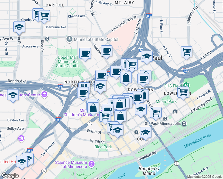 map of restaurants, bars, coffee shops, grocery stores, and more near 78 North Minnesota Street in Saint Paul