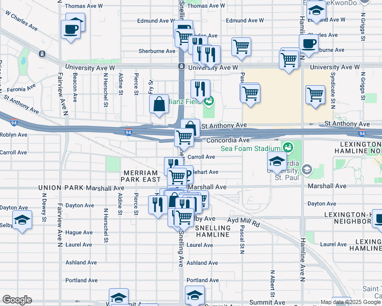 map of restaurants, bars, coffee shops, grocery stores, and more near 310 Snelling Avenue North in Saint Paul