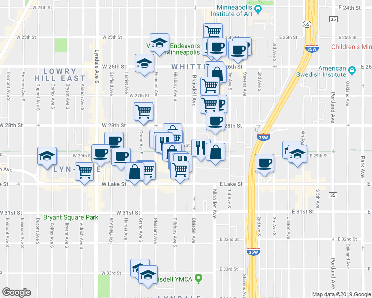map of restaurants, bars, coffee shops, grocery stores, and more near 115 West 29th Street in Minneapolis