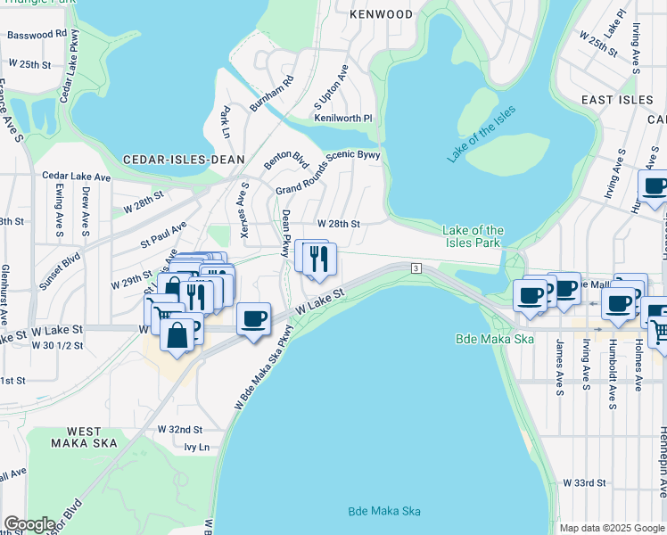 map of restaurants, bars, coffee shops, grocery stores, and more near 2915 Dean Parkway in Minneapolis