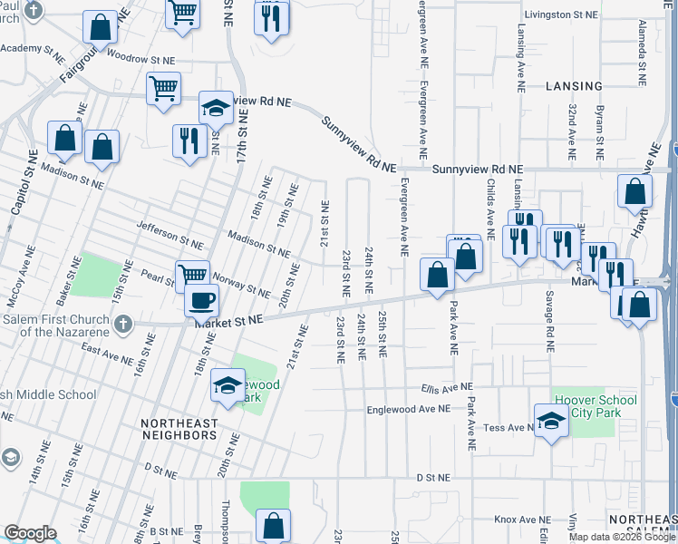 map of restaurants, bars, coffee shops, grocery stores, and more near 1755 23rd Street Northeast in Salem
