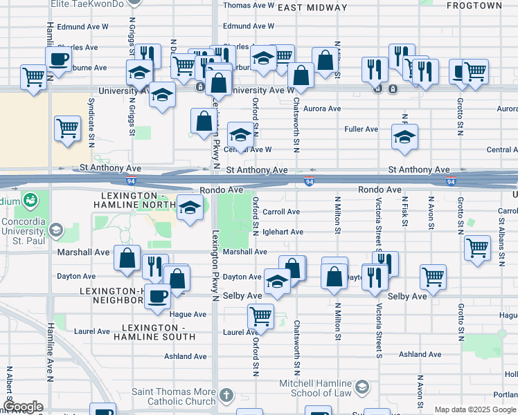 map of restaurants, bars, coffee shops, grocery stores, and more near 1039 Carroll Avenue in Saint Paul