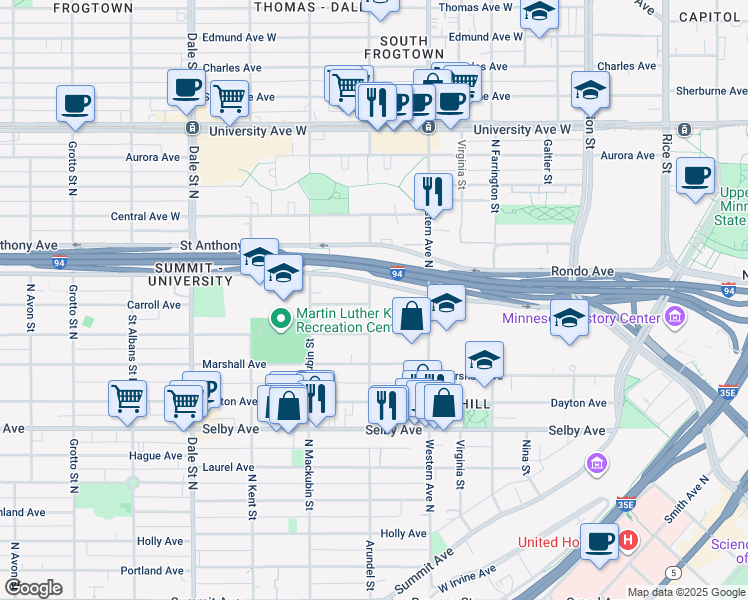 map of restaurants, bars, coffee shops, grocery stores, and more near 310A Arundel Street in Saint Paul