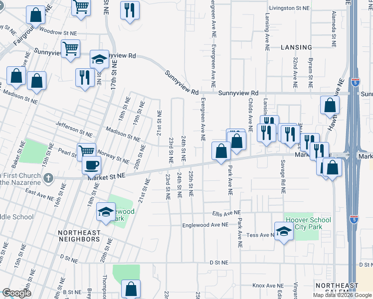 map of restaurants, bars, coffee shops, grocery stores, and more near 1780 24th Street Northeast in Salem