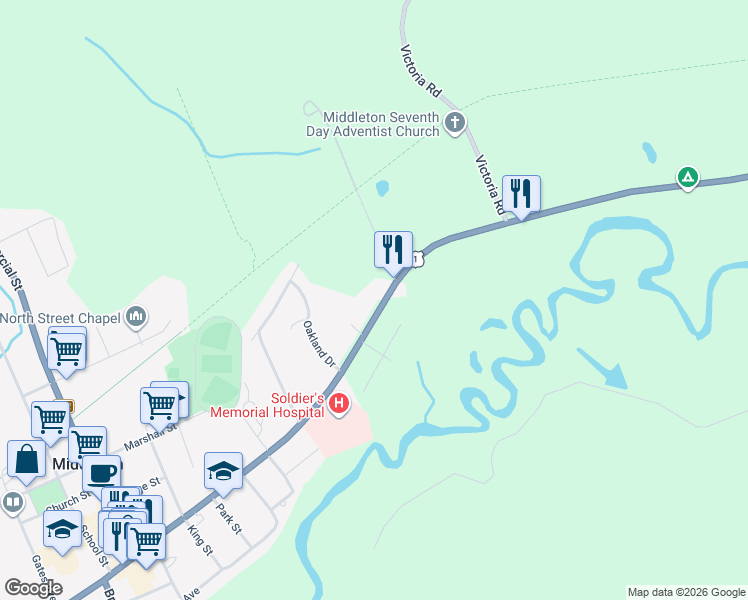 map of restaurants, bars, coffee shops, grocery stores, and more near 501 Main Street in Middleton