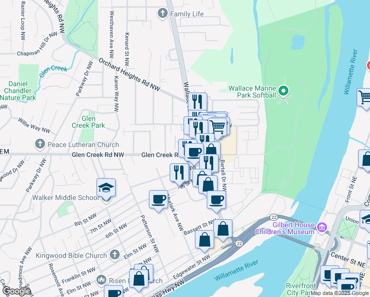 map of restaurants, bars, coffee shops, grocery stores, and more near 515 Glen Creek Road Northwest in Salem