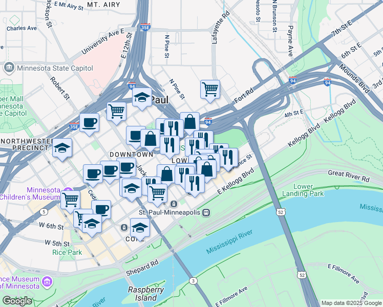 map of restaurants, bars, coffee shops, grocery stores, and more near 282 6th Street East in Saint Paul