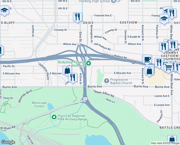map of restaurants, bars, coffee shops, grocery stores, and more near 303 Birmingham Street in Saint Paul