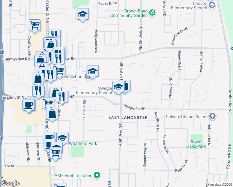 map of restaurants, bars, coffee shops, grocery stores, and more near 1751 Aguilas Court in Salem