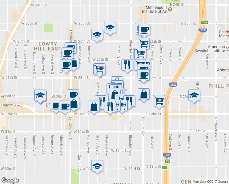 map of restaurants, bars, coffee shops, grocery stores, and more near 211 West 29th Street in Minneapolis