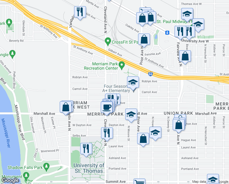 map of restaurants, bars, coffee shops, grocery stores, and more near 313 Wilder Street in Saint Paul