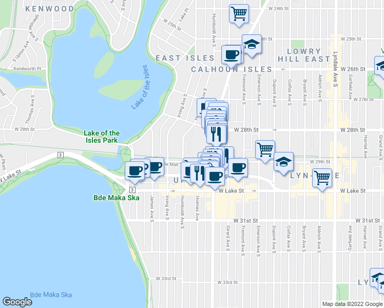 map of restaurants, bars, coffee shops, grocery stores, and more near 2862 Kenwood Isles Dr in Minneapolis
