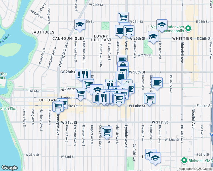 map of restaurants, bars, coffee shops, grocery stores, and more near 2890 Bryant Avenue South in Minneapolis