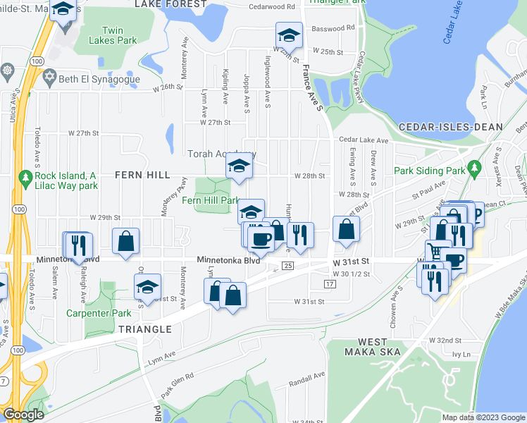 map of restaurants, bars, coffee shops, grocery stores, and more near 2846 Inglewood Avenue South in Minneapolis