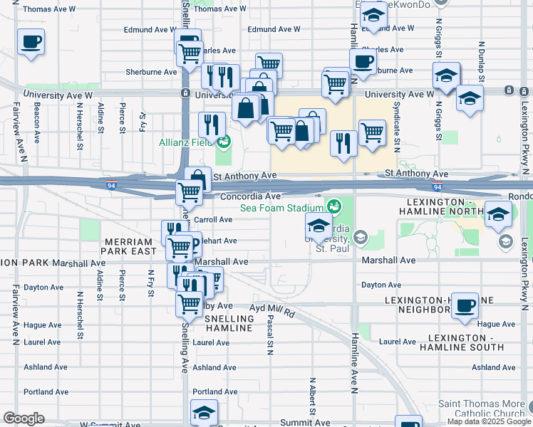 map of restaurants, bars, coffee shops, grocery stores, and more near 1463 Carroll Avenue in Saint Paul