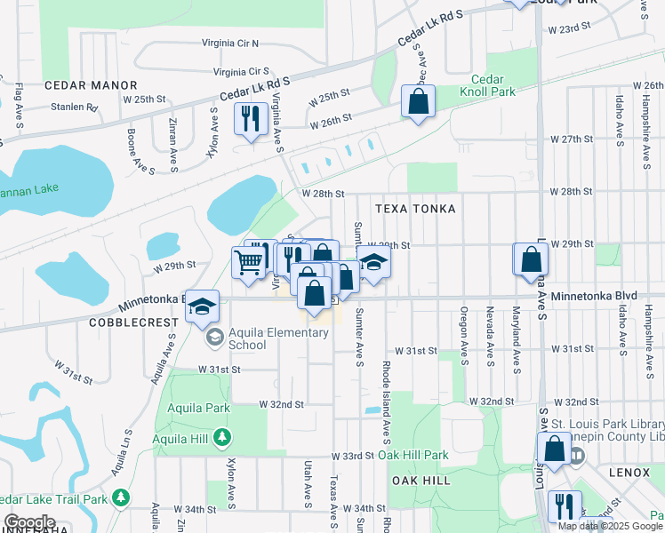 map of restaurants, bars, coffee shops, grocery stores, and more near 2926 Texas Avenue South in St. Louis Park