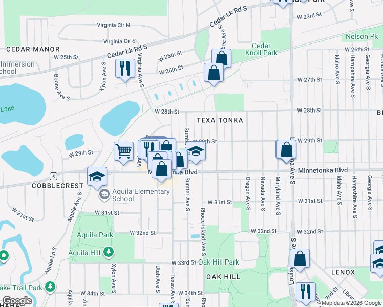 map of restaurants, bars, coffee shops, grocery stores, and more near 2925 Sumter Avenue South in Minneapolis