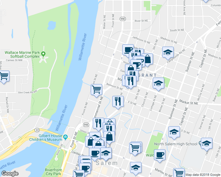map of restaurants, bars, coffee shops, grocery stores, and more near 1024 Liberty Street Northeast in Salem
