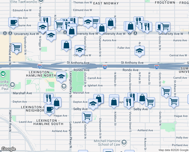 map of restaurants, bars, coffee shops, grocery stores, and more near 1003 Carroll Avenue in Saint Paul