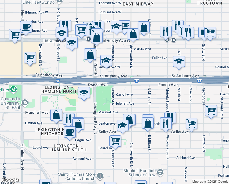 map of restaurants, bars, coffee shops, grocery stores, and more near 1039 Carroll Avenue in Saint Paul