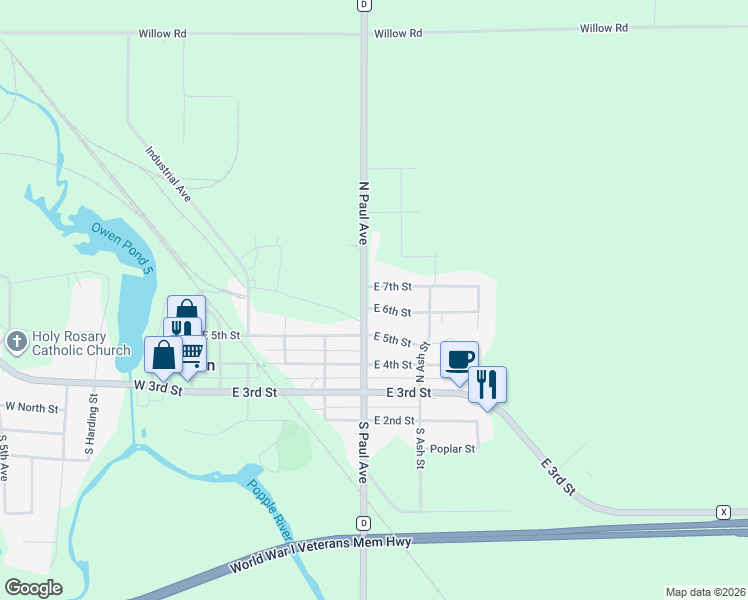 map of restaurants, bars, coffee shops, grocery stores, and more near 417 North Paul Avenue in Owen