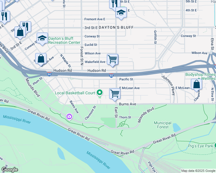 map of restaurants, bars, coffee shops, grocery stores, and more near 1027 East McLean Avenue in Saint Paul