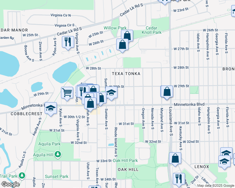 map of restaurants, bars, coffee shops, grocery stores, and more near 2921 Rhode Island Avenue South in Minneapolis