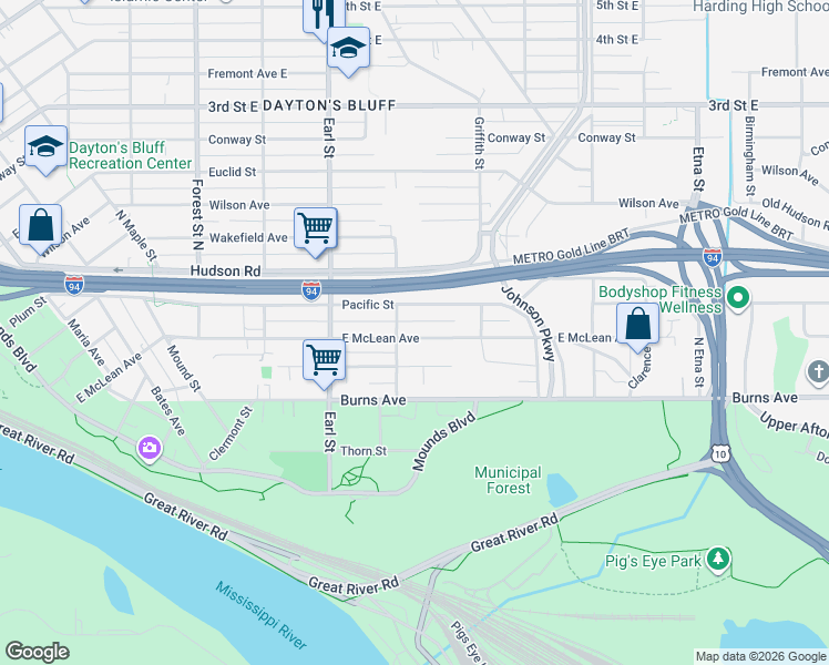 map of restaurants, bars, coffee shops, grocery stores, and more near 1133 East McLean Avenue in Saint Paul