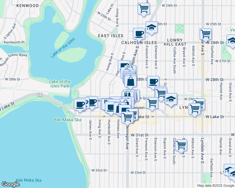 map of restaurants, bars, coffee shops, grocery stores, and more near 2862 Kenwood Isles Drive in Minneapolis
