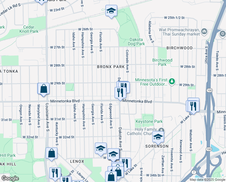 map of restaurants, bars, coffee shops, grocery stores, and more near 2925 Edgewood Avenue South in Minneapolis