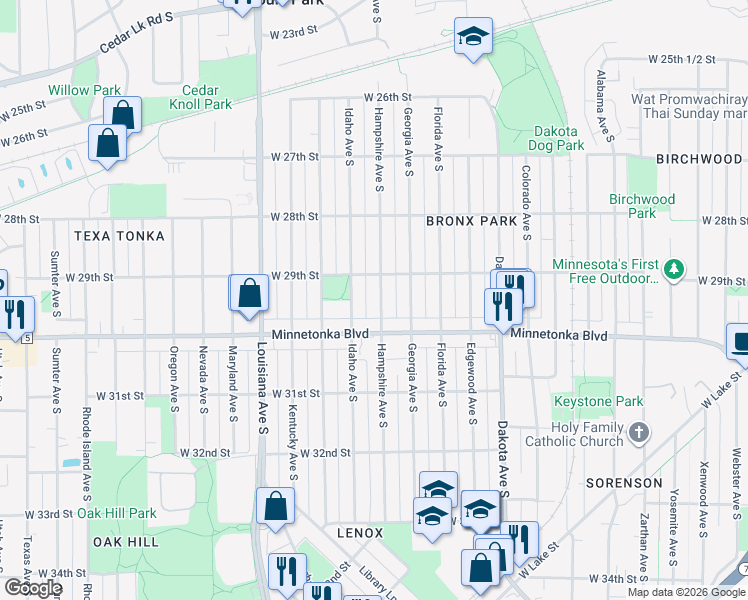 map of restaurants, bars, coffee shops, grocery stores, and more near 2924 Hampshire Avenue South in Minneapolis