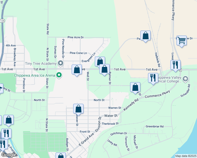 map of restaurants, bars, coffee shops, grocery stores, and more near in Chippewa Falls